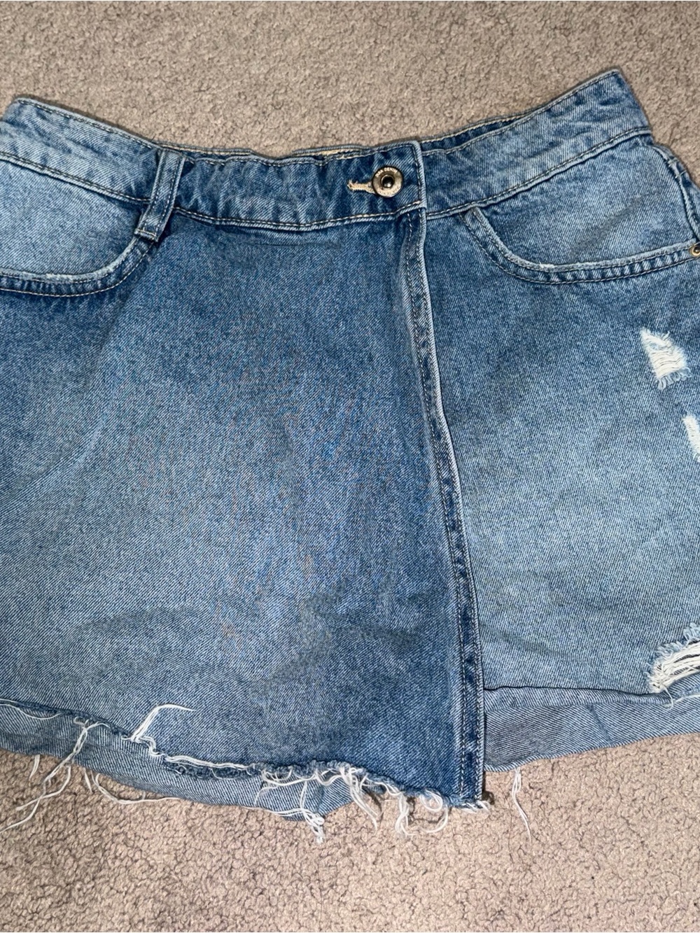 Zara Distressed Denim Skort Size S / 26 Blue Wrap Front Frayed Mini Shorts